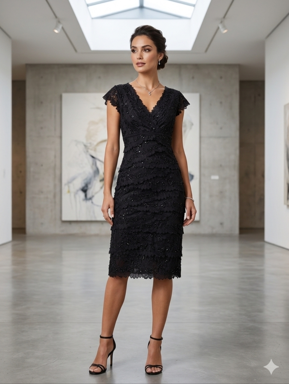 le chateau Black Lace Midi Dress with V-Neck